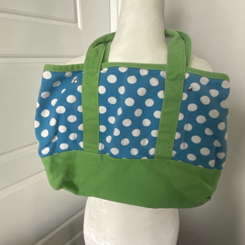 Small J Crew Tote - Blue with White Polka dots and Green Handles/Trim